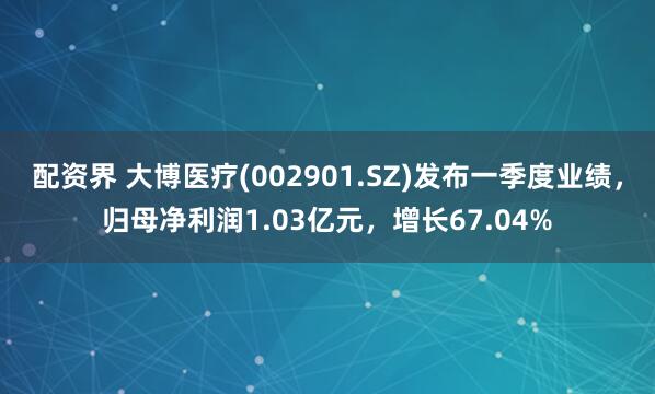 配资界 大博医疗(002901.SZ)发布一季度业绩，归母净利润1.03亿元，增长67.04%